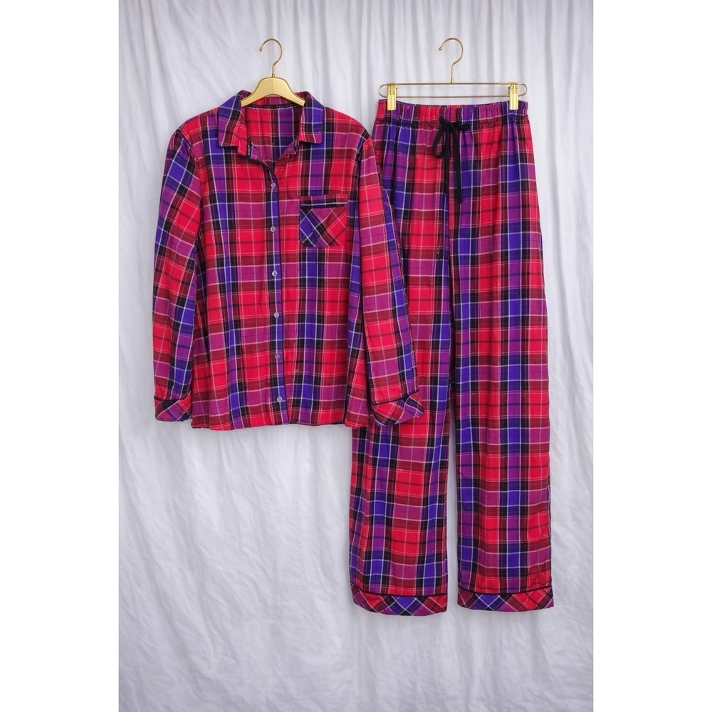 Victoria's Secret 2 Piece Pajama Set Red Blue Plaid Long Sleeve Pants Sz Medium